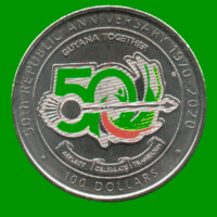 MONEDA DE GUYANA 100 DOLARES 50 ANIVERSARIO DE LA REPUBLICA, AÑO 2020, ESTADO NUEVA.-