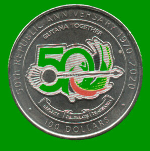 MONEDA DE GUYANA 100 DOLARES 50 ANIVERSARIO DE LA REPUBLICA, AÑO 2020, ESTADO NUEVA.-