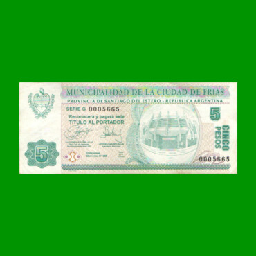 BONO DE LA MUNICIPALIDAD DE FRIAS $5,00, SERIE G,  AÑO 2001, ESTADO MUY BUENO.-