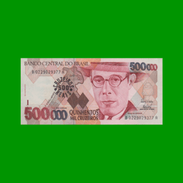 BILLETE DE BRASIL 500.000 CRUZEIROS RESELLADO 500 CRUZEIROS REALES, PICK 239b, AÑO 1993, ESTADO SIN CIRCULAR.-